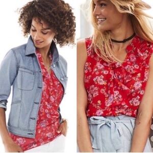 CAbi Crush Ruffle Top Style 5219 floral sleeveless ruffle neck red sz medium